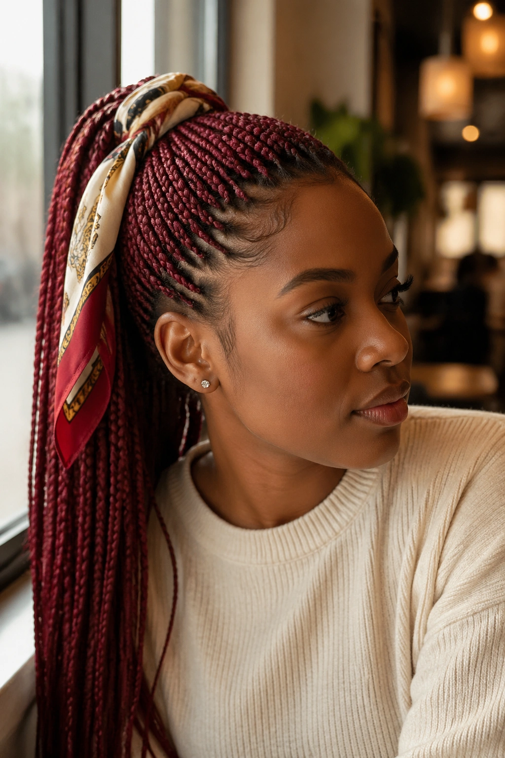 Close-up of a real woman with a red braided ponytail wrapped with a silk scarf at the base