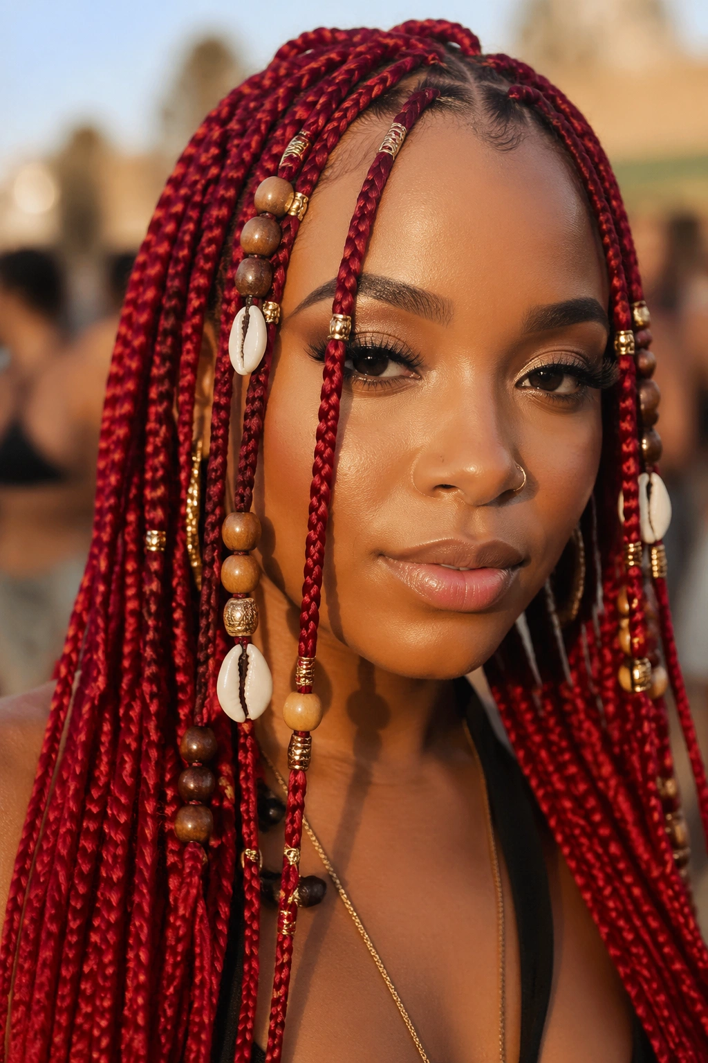 Close-up of a real woman with red braids adorned with beads and shells