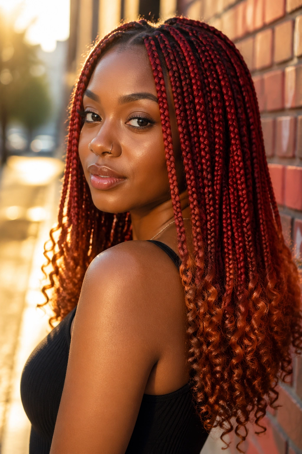 Close-up of a real person with red box braids and copper curls at the ends