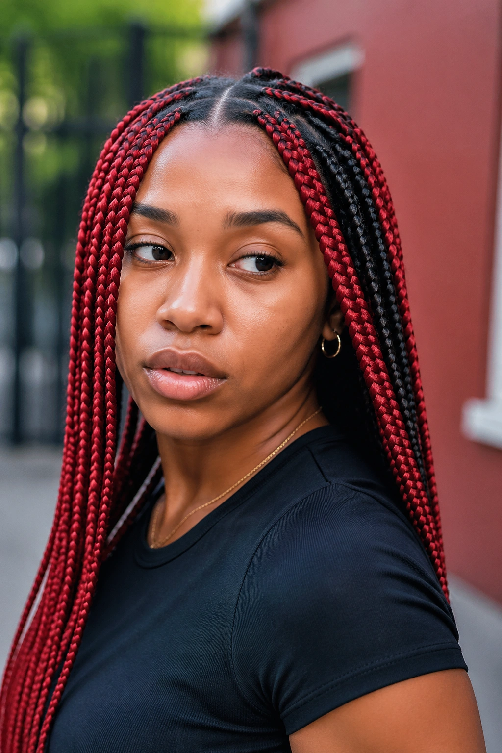Close-up of a real woman with red braids and a black underlayer peeking through