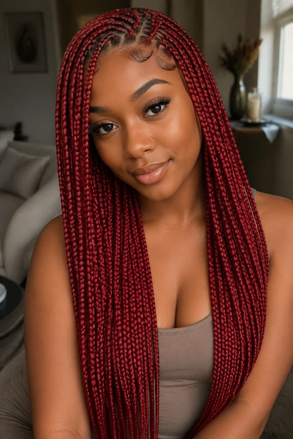 Close-up portrait of a woman with waist-length red knotless box braids in a cozy living room.