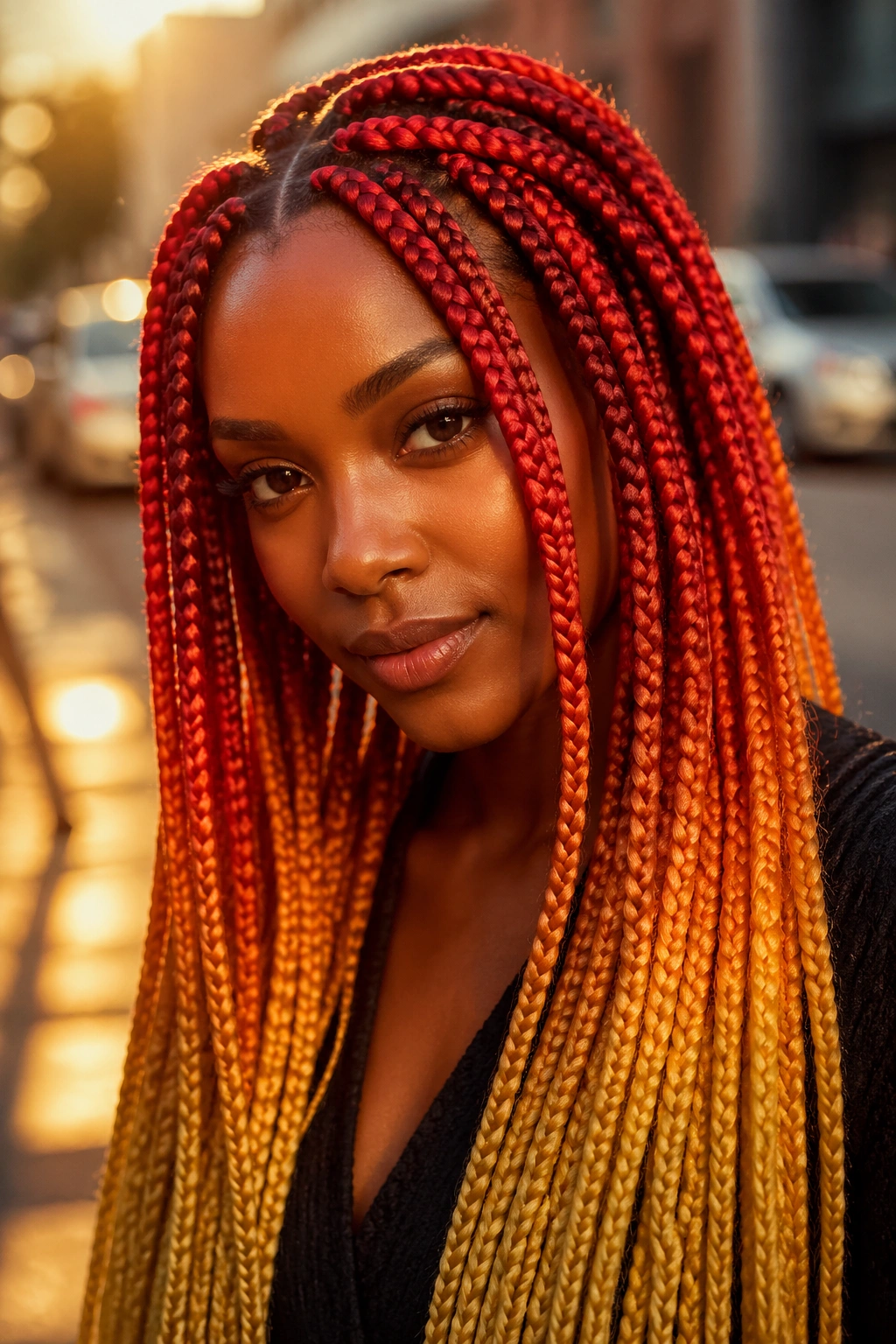 Close-up portrait of a real person wearing red, orange, and gold box braids at golden hour.