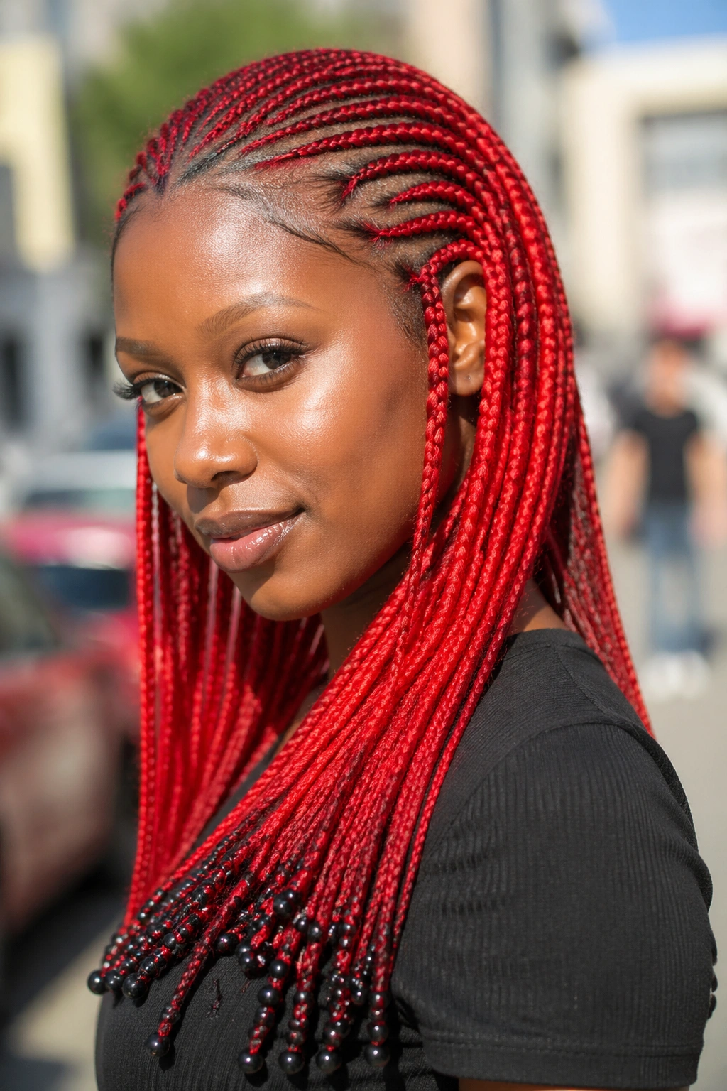 Real woman with bright red cornrows and beaded ends on outdoor street