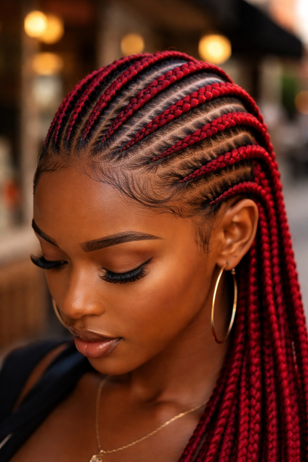 Close-up of a real person with vivid red cornrows on an urban street backdrop