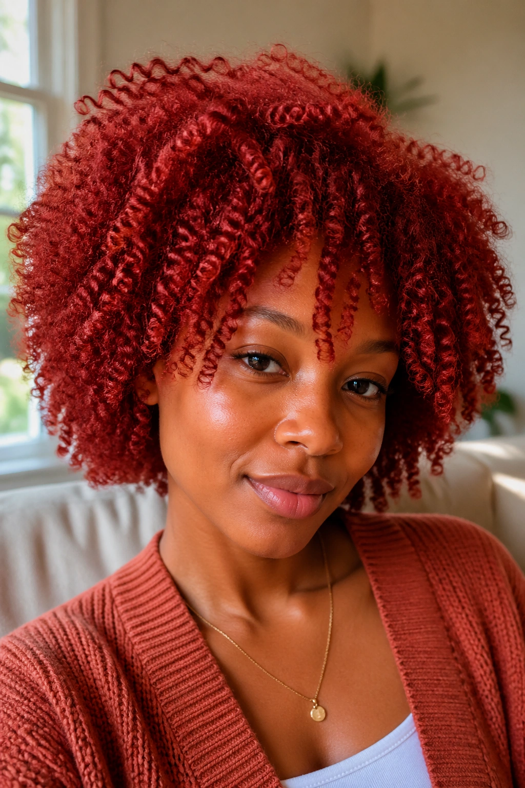 Close-up of a Black woman with vivid red natural curly hair in warm window light