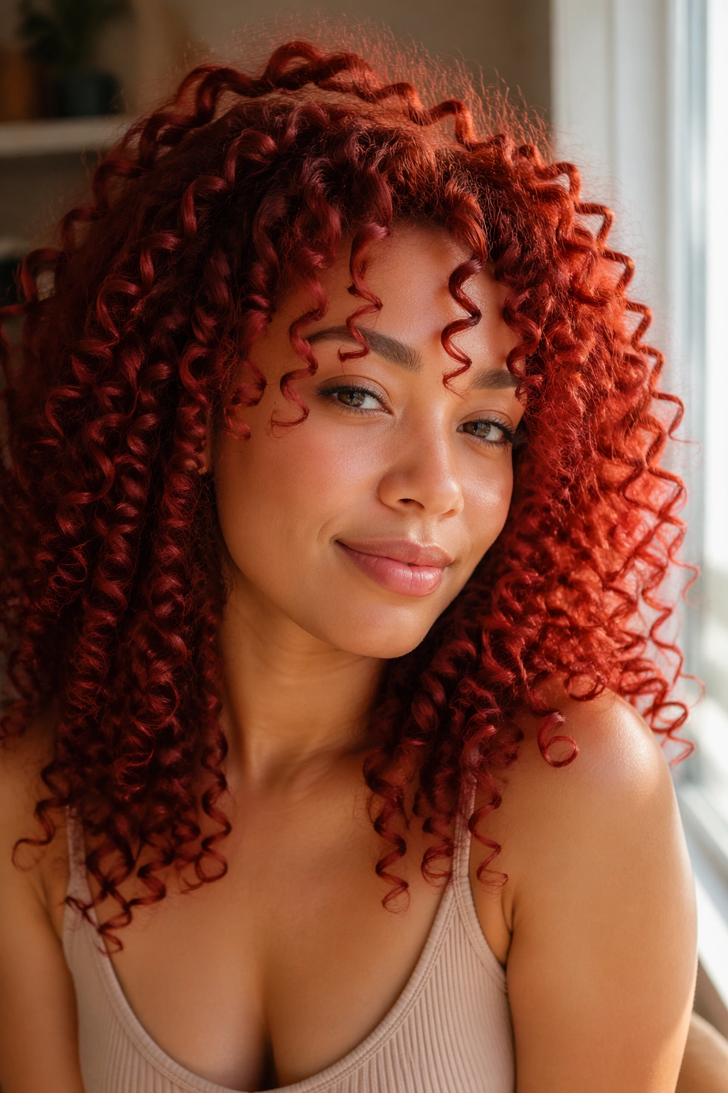 Close-up portrait of a woman with vivid red curls in window light