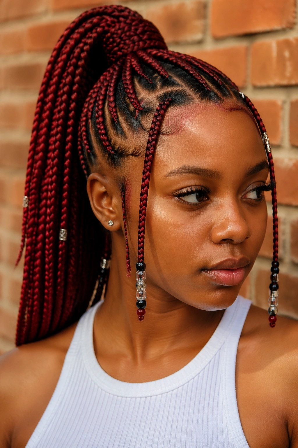 Close-up of a real Black woman with red Fulani braids gathered into a ponytail.