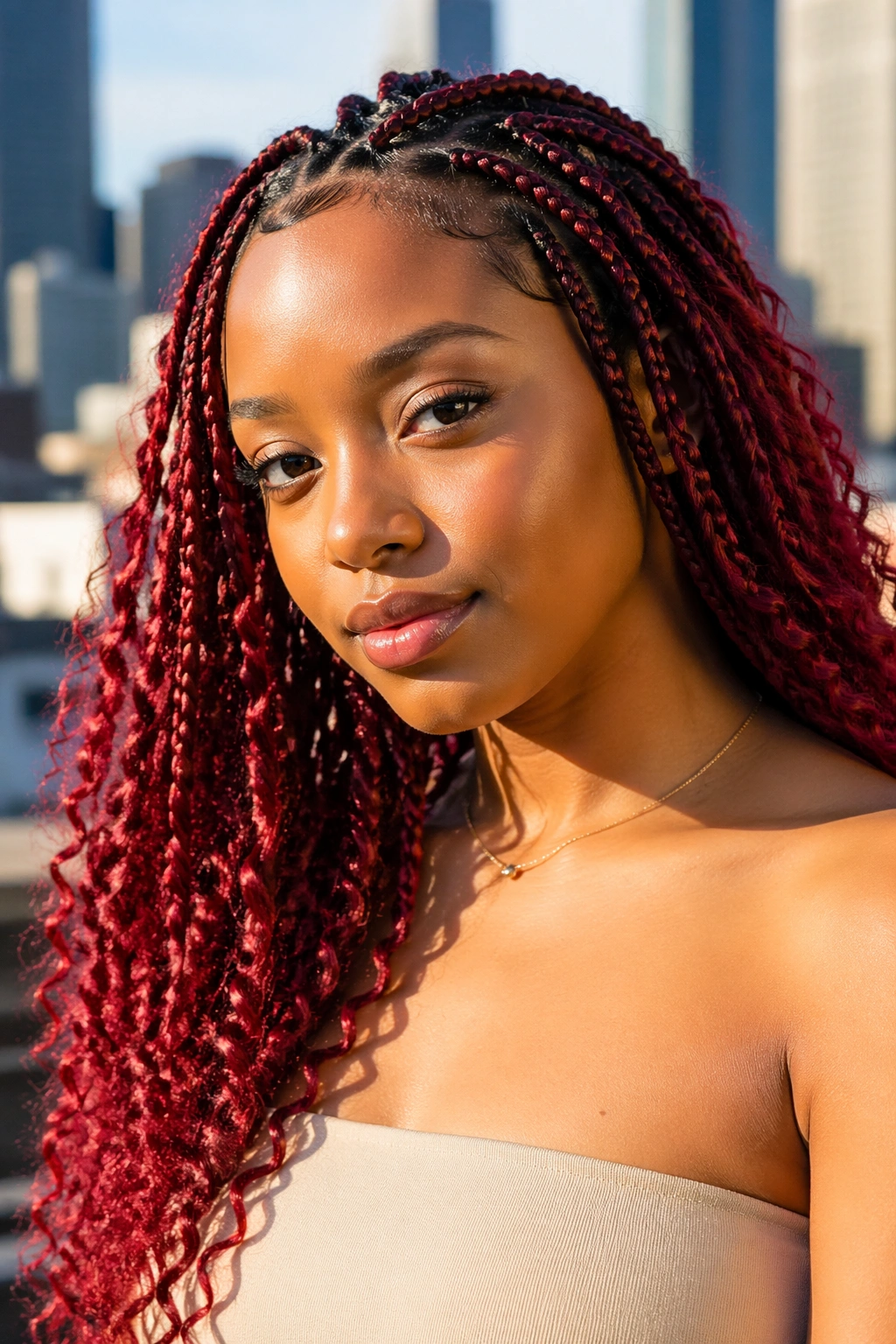 Close-up of a real woman with red goddess braids extensions in natural outdoor light