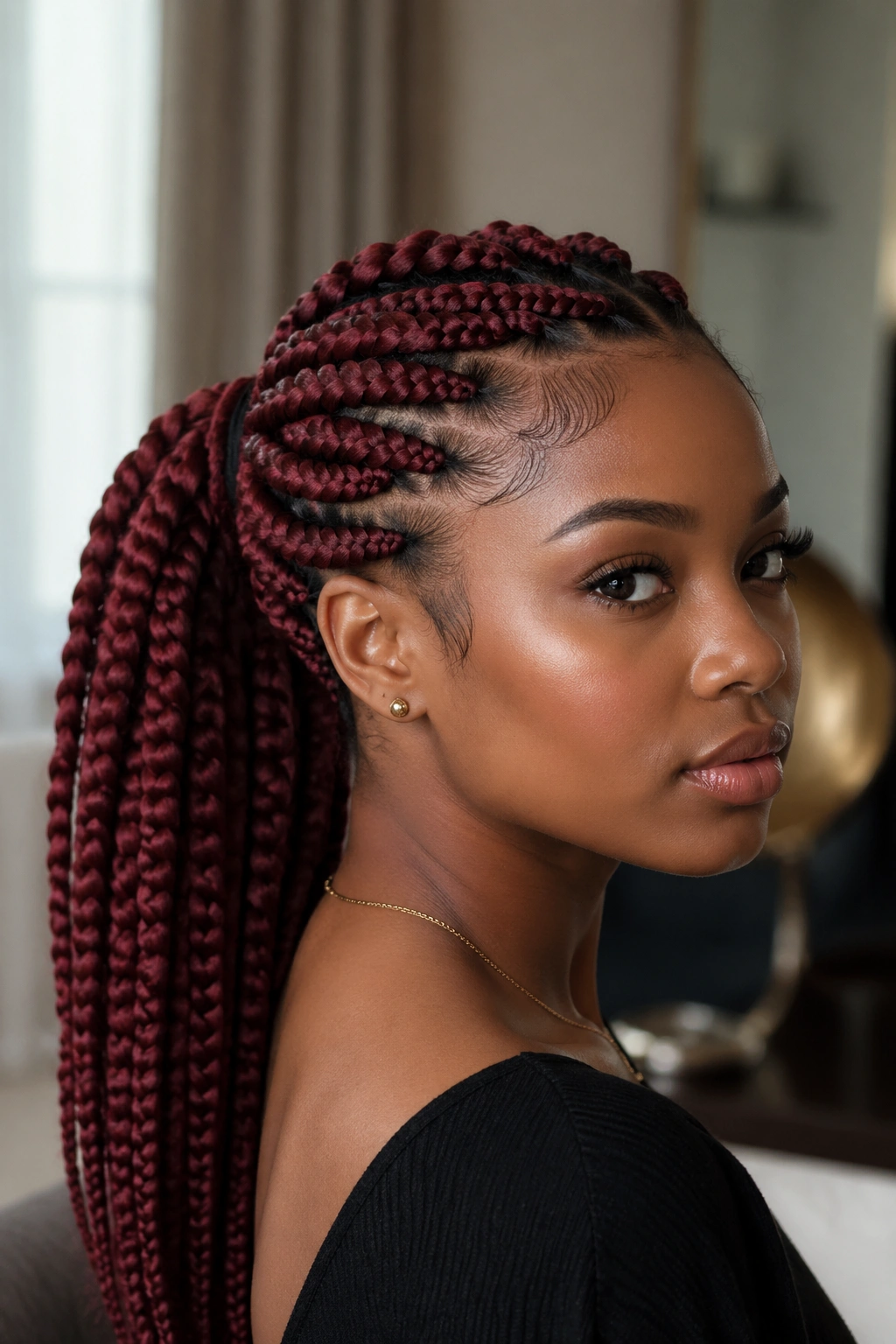 Close-up of a real woman with red goddess braids pulled into a ponytail