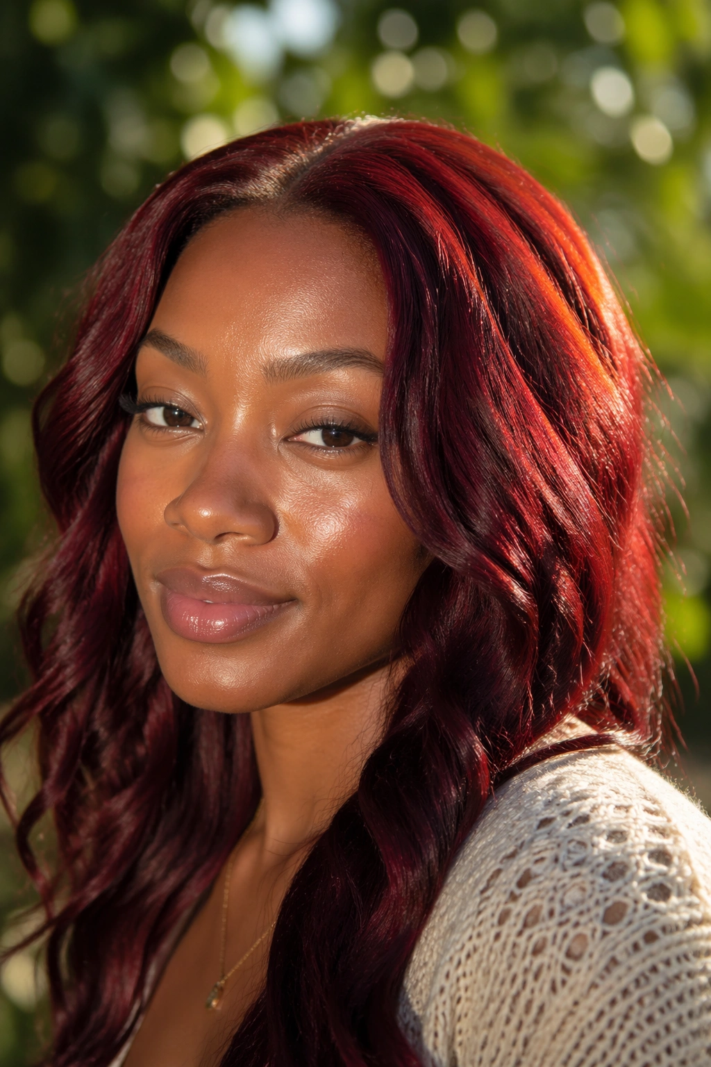 Close-up portrait of a person with burgundy red hair in natural window light