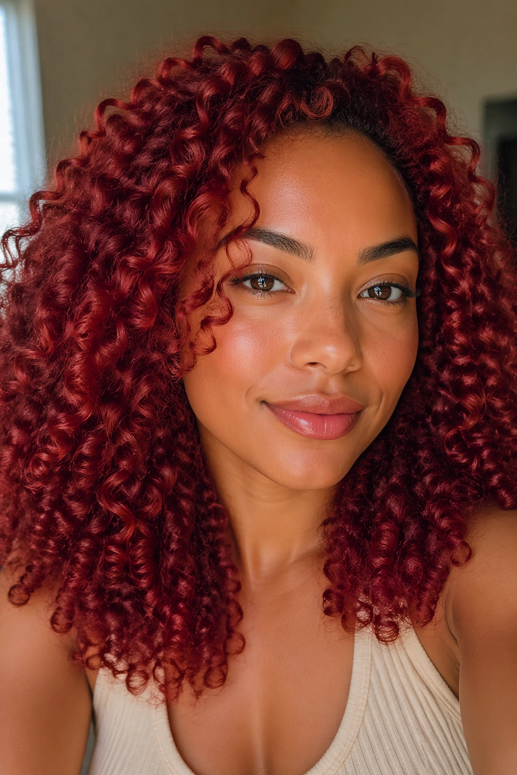 Portrait of a woman with cherry red curls and warm skin tone
