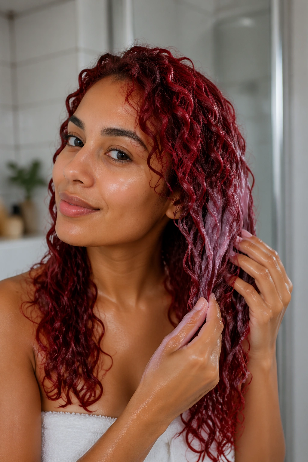 Close-up of a real woman with vibrant red curls in a bright bathroom applying color-depositing conditioner