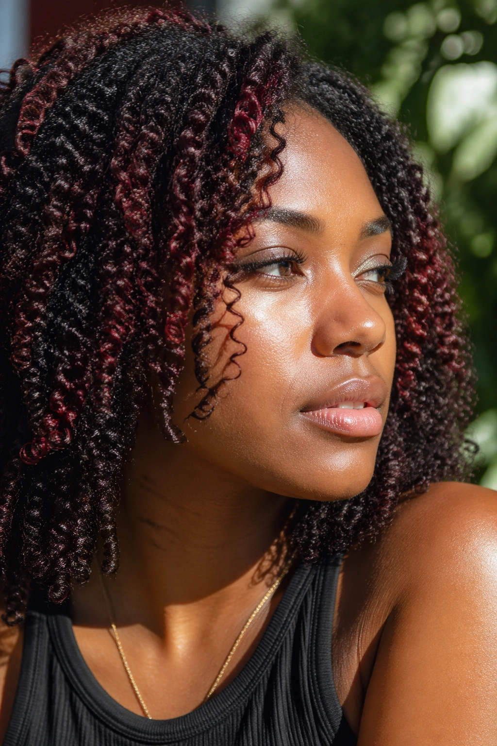 Close-up of natural black hair with red highlights catching sunlight
