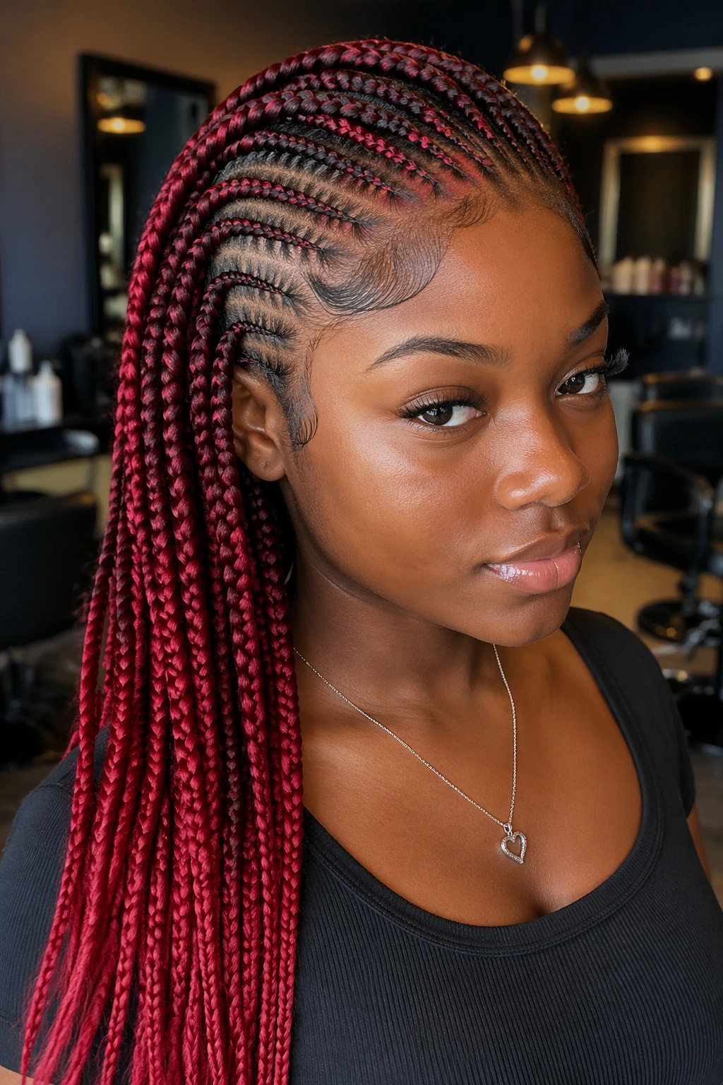 Close-up of a person with red kanekalon braids in a salon