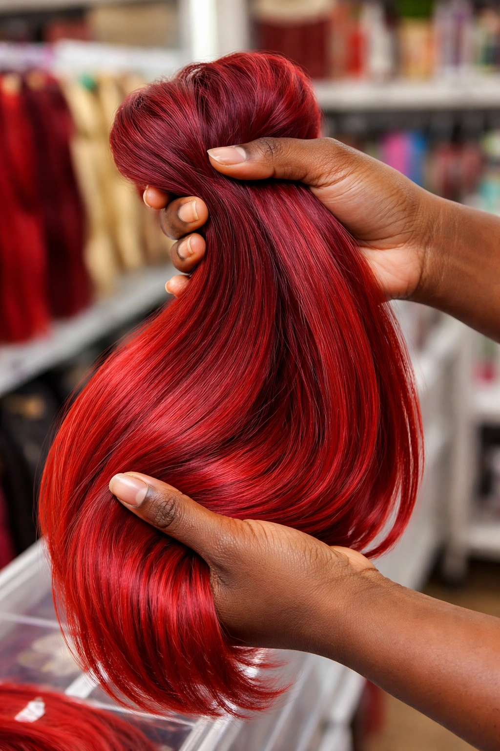 Hands holding red kanekalon hair bundle in shop setting