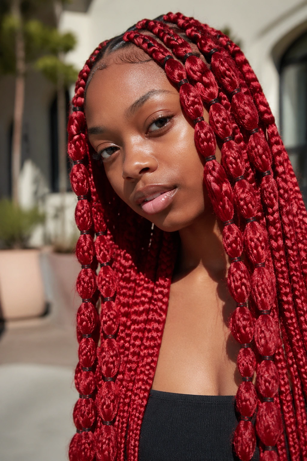 Close-up of a real woman with red knotless braids and bubble sections