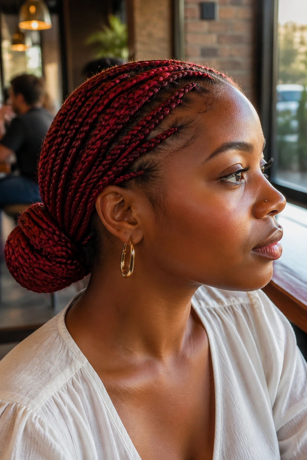 Close-up of a real woman with red knotless braids in a low bun at the nape