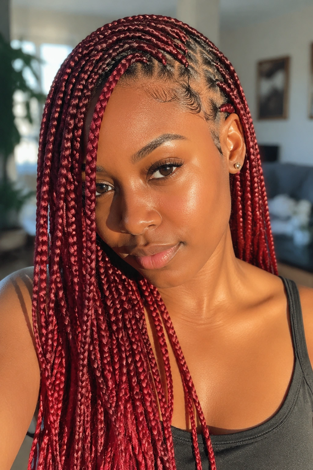 Close-up portrait of a real woman with red lemonade box braids and a side-swept look in warm sunlight.