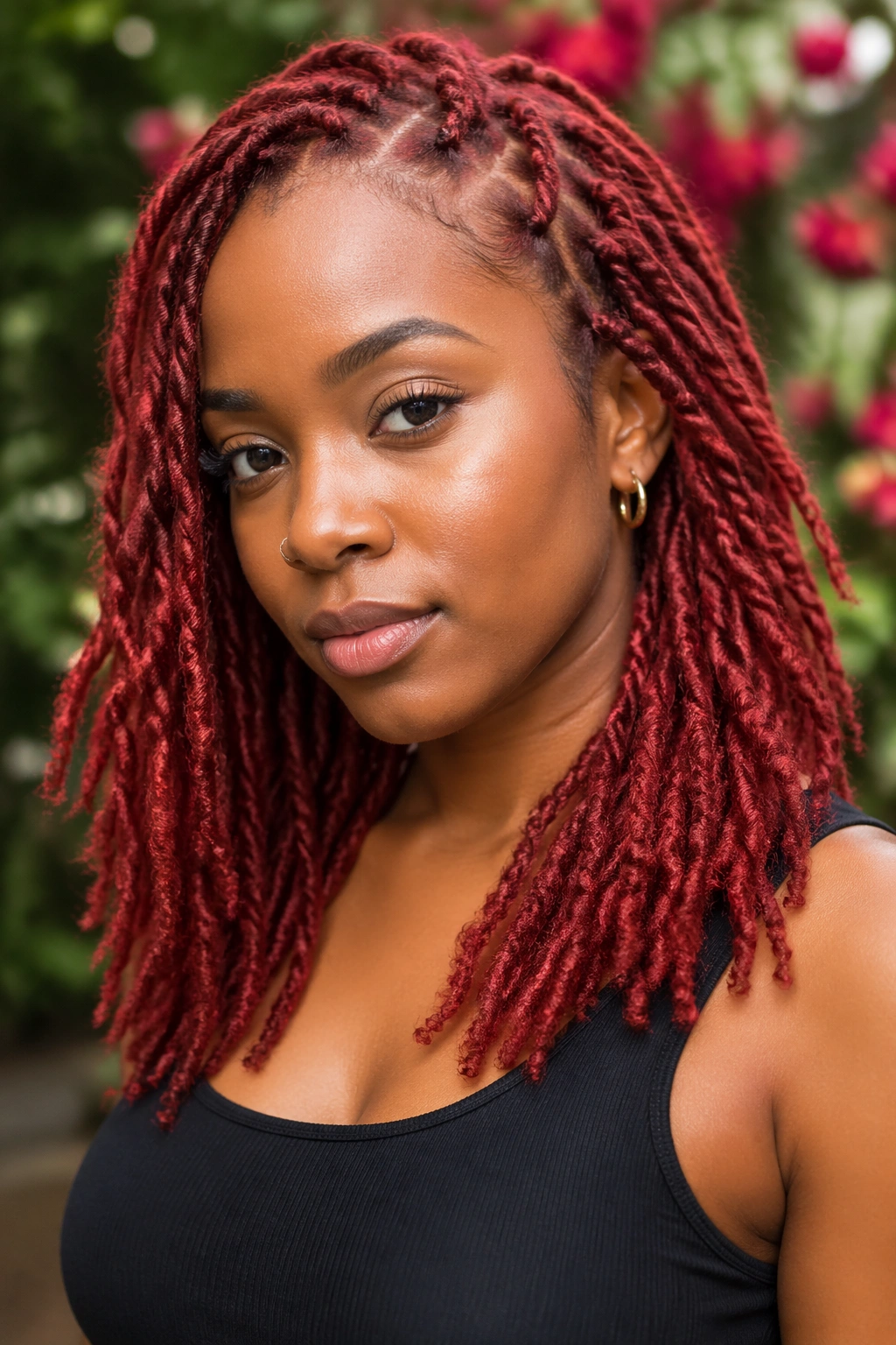 Close-up of real woman with red locs/twists hair color