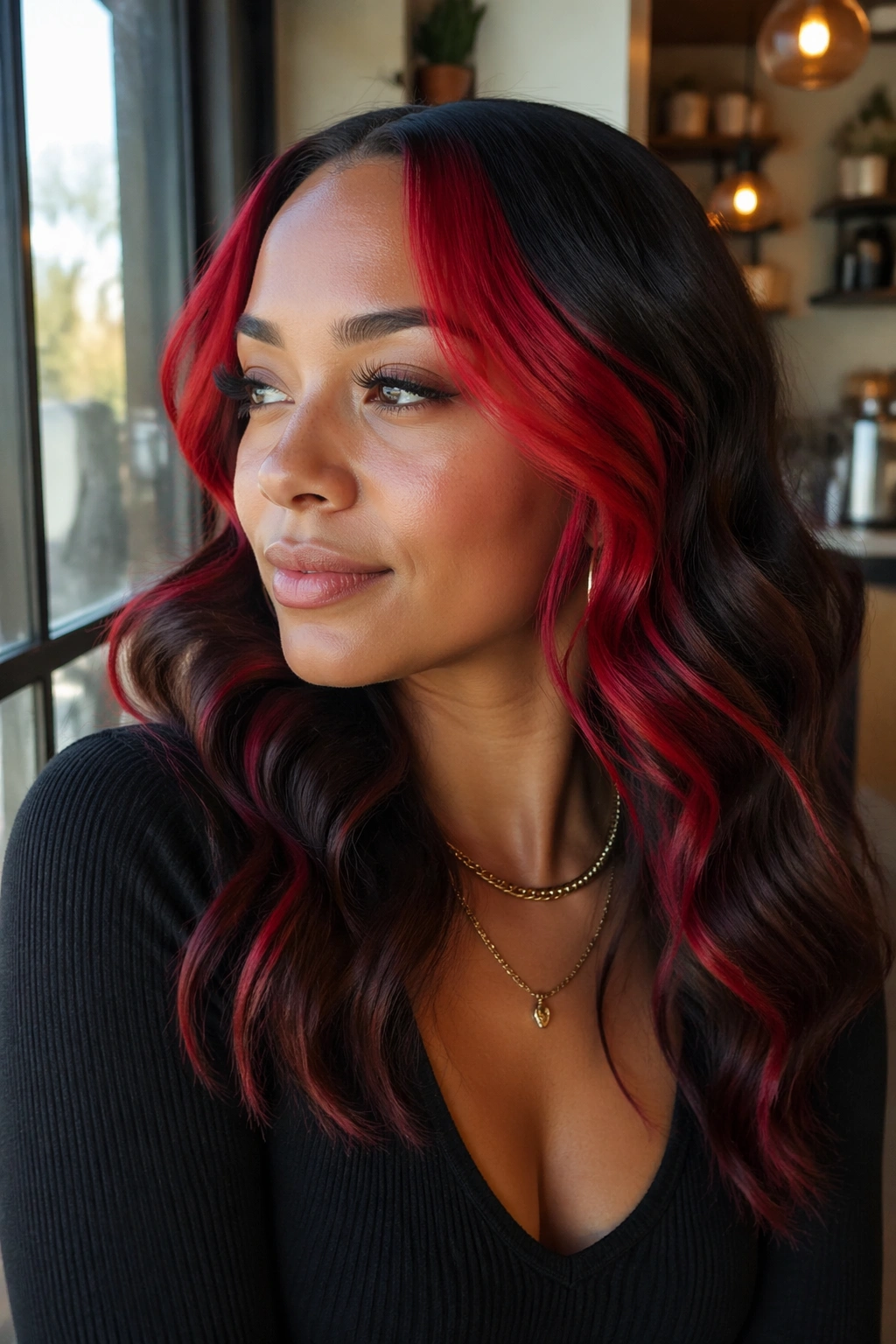 Red money piece on loose waves on real woman