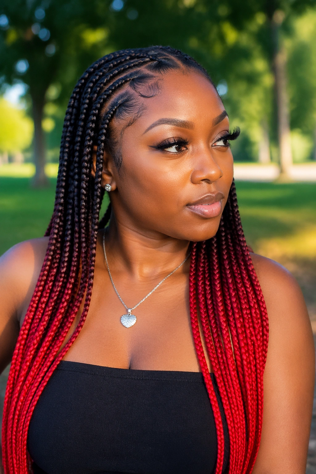 Portrait of a real person with black-to-bright-red ombre cornrows.