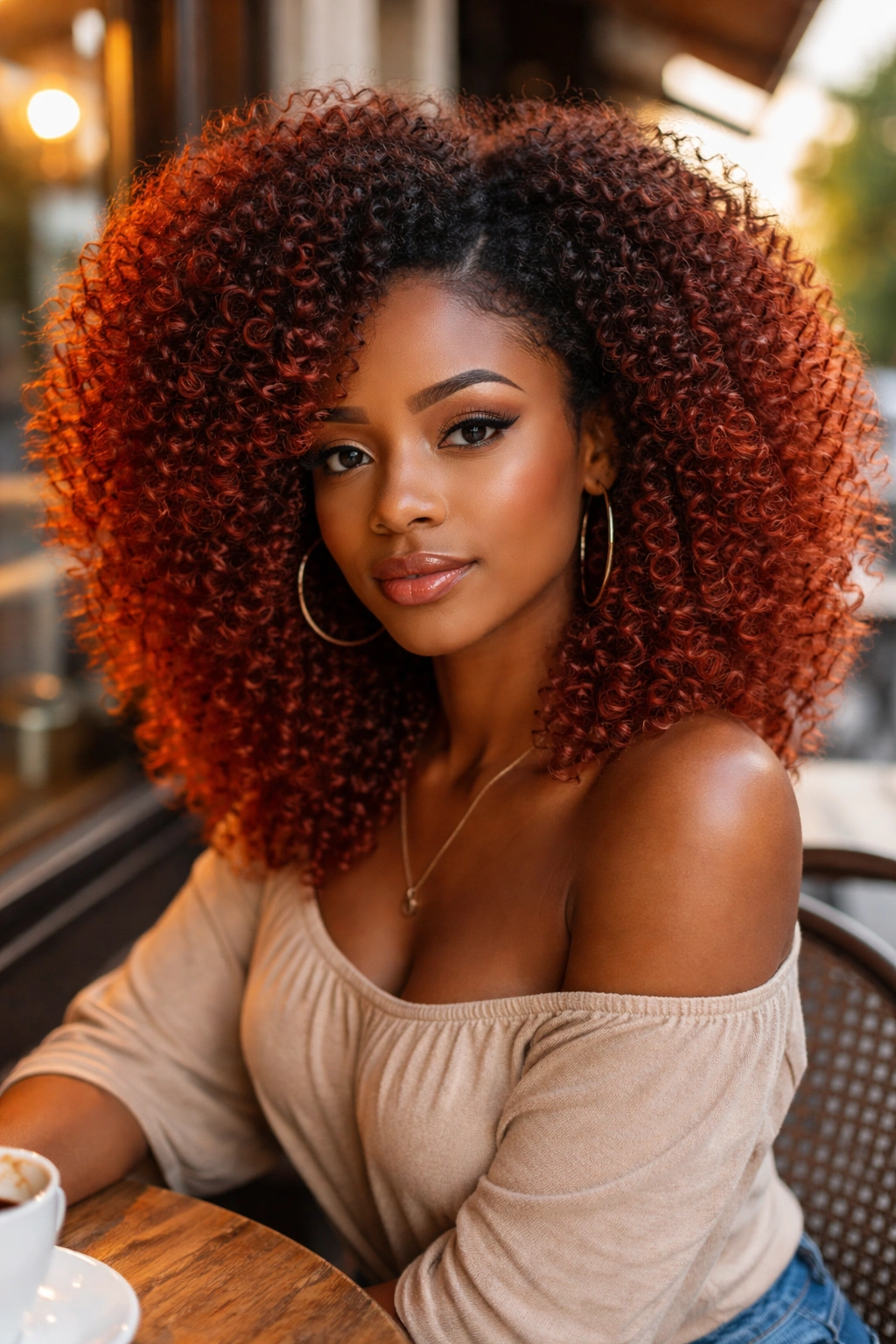 Portrait of a real woman with red ombre curly afro under warm sunlight