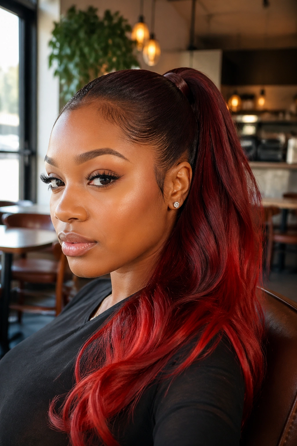 Close-up of red ombré ponytail with blended length on a real woman