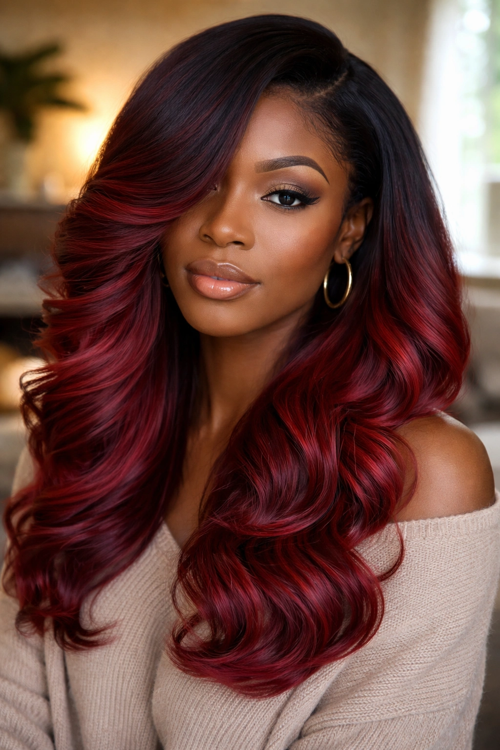 Real person with red ombre silk press and curl elements