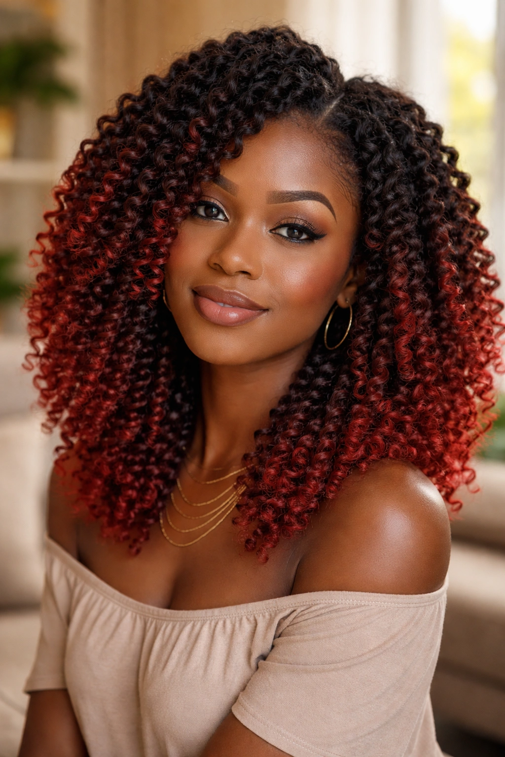Close-up of real woman with red ombre twist-out curls
