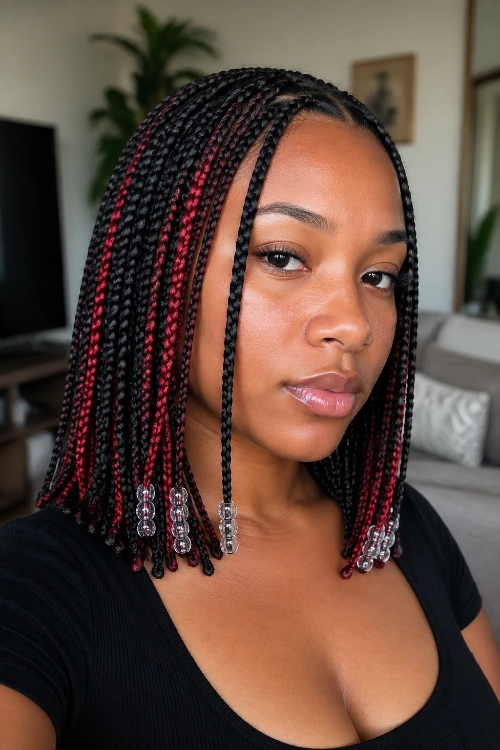 Close-up of a woman with shoulder-length red peekaboo box braids and clear beads