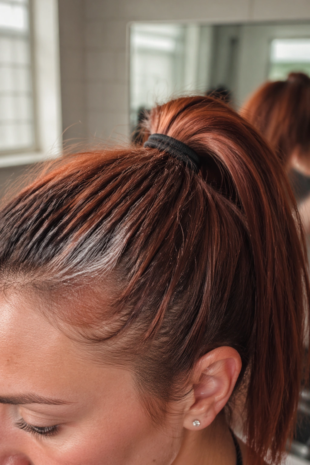 Rust red athletic high ponytail close-up showing grip at the roots
