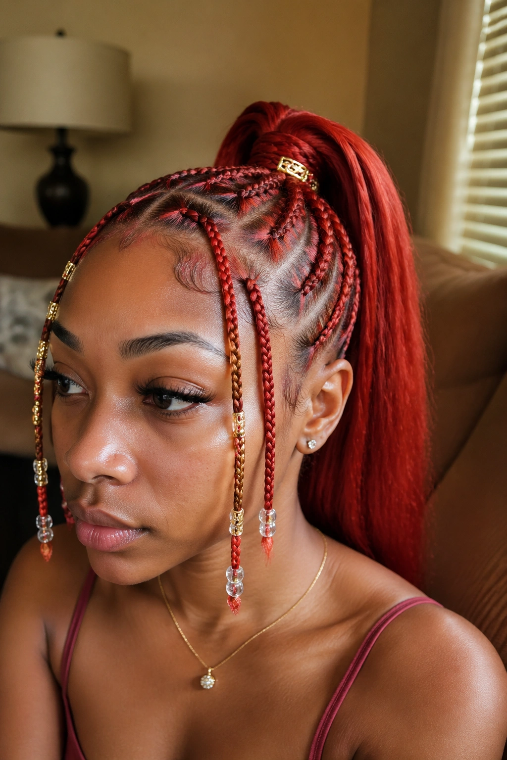 Real woman with red ponytail and beaded accents on accent braids