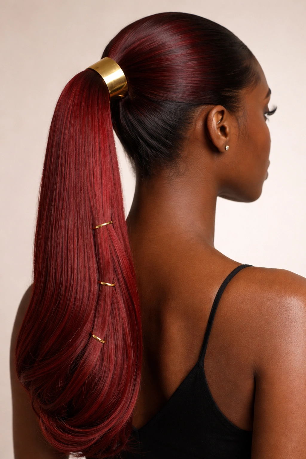 Red sleek ponytail with a gold cuff and rings against a plain studio backdrop