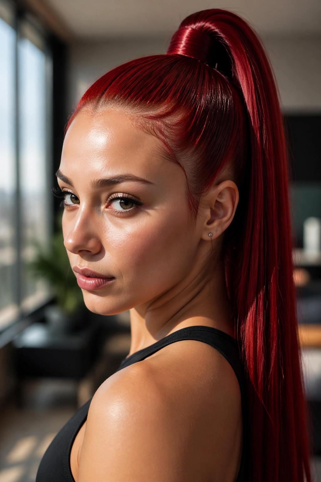 Close-up of a real woman with a glossy cherry-red high ponytail