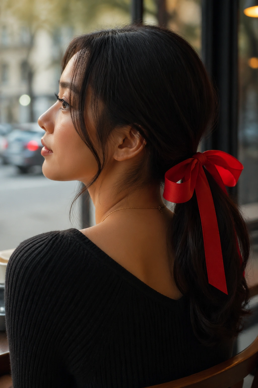 Close-up of a woman with a red ribbon ponytail creating bold contrast