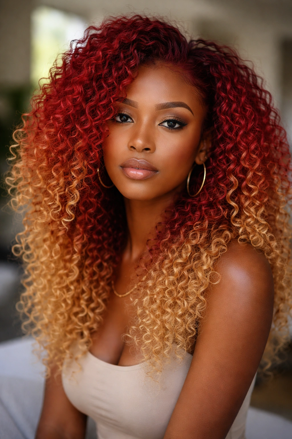 Close-up of a real woman with red roots fading to blonde ends in curly hair