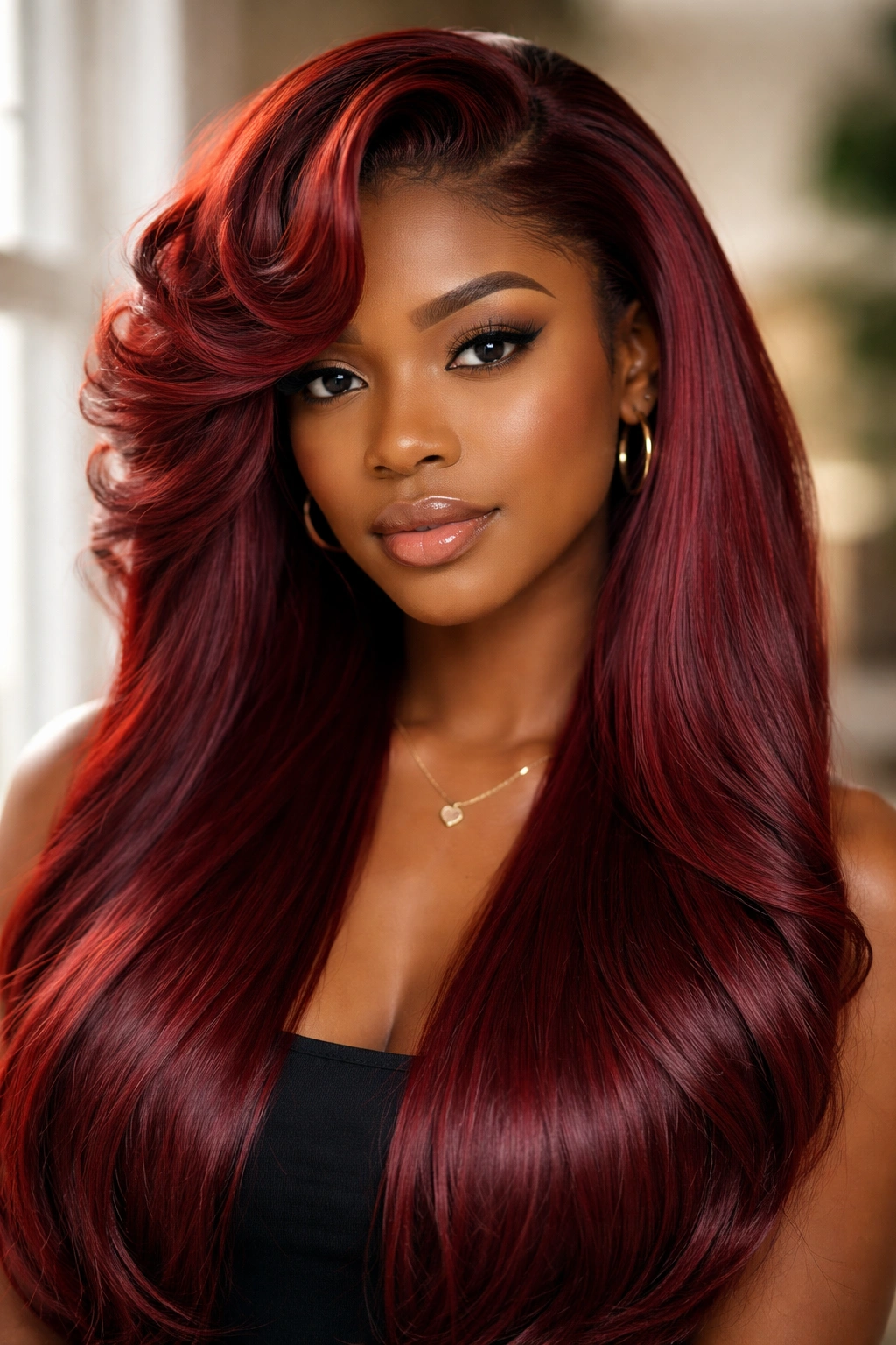Close-up of a real woman with a defined curly crown and straight red silk-pressed lengths
