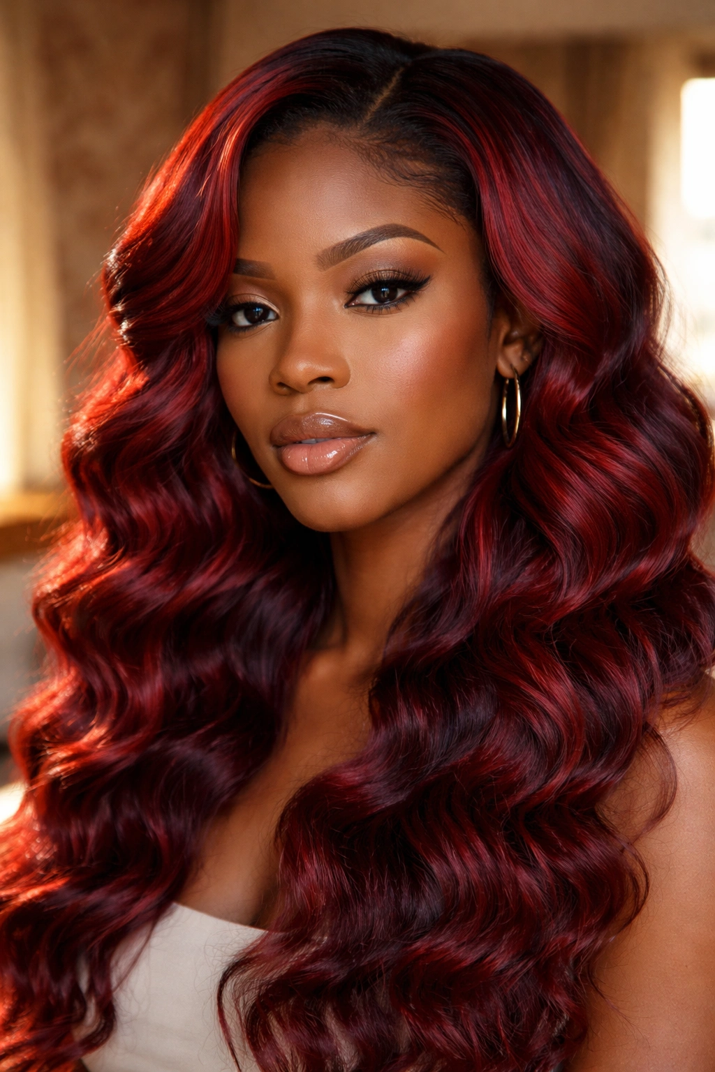 Close-up of red silk-pressed braid-out waves on a real woman