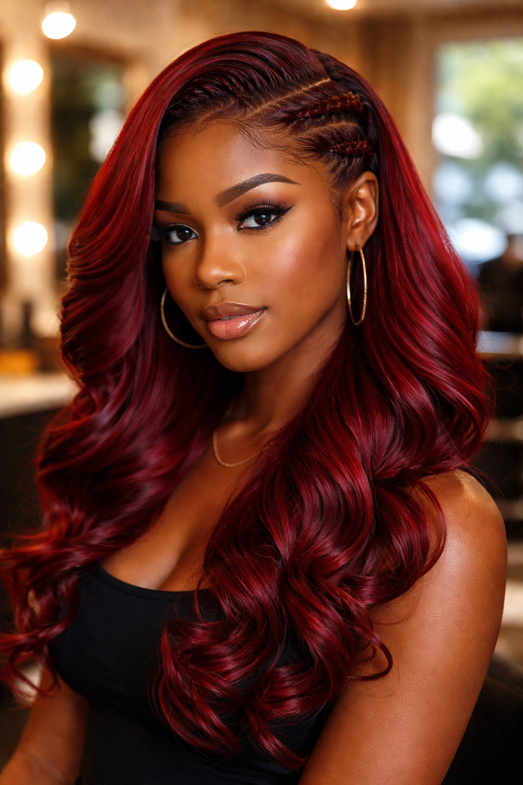 Close-up portrait of a real woman with red silk press featuring a braided front accent and curled lengths.