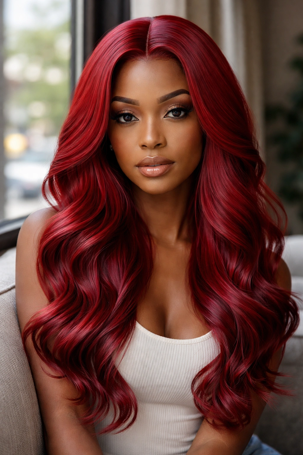 Close-up of red silk-pressed hair with center part and loose waves