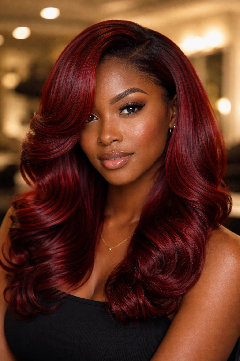 Real woman with glossy red silk-pressed hair in salon lighting.