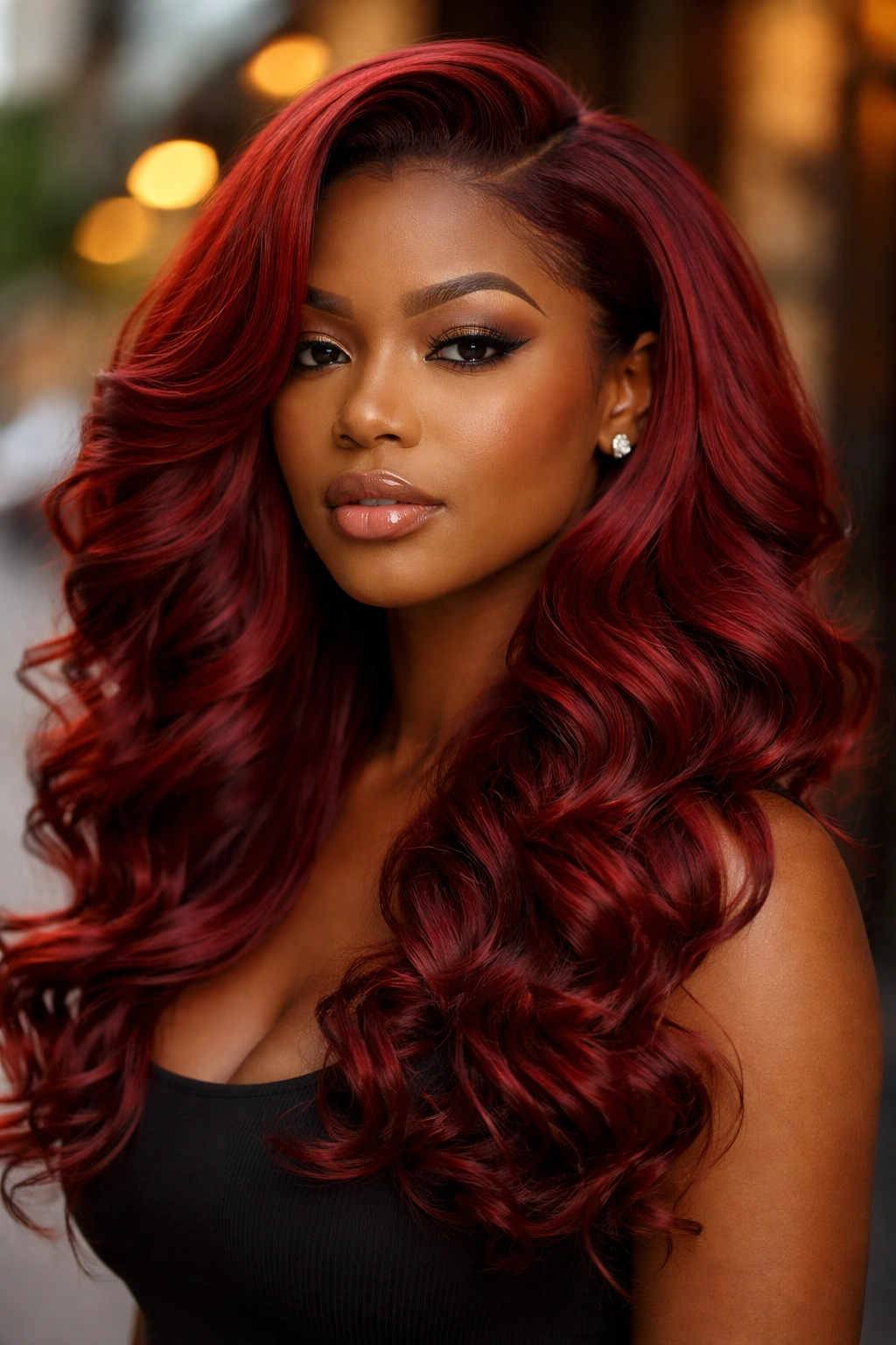 Portrait of a real woman with vivid red silk-pressed curls under dramatic lighting.