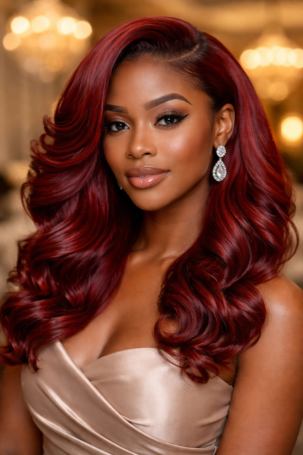 Close-up portrait of a real woman with red silk-pressed curls in a special occasion setting.