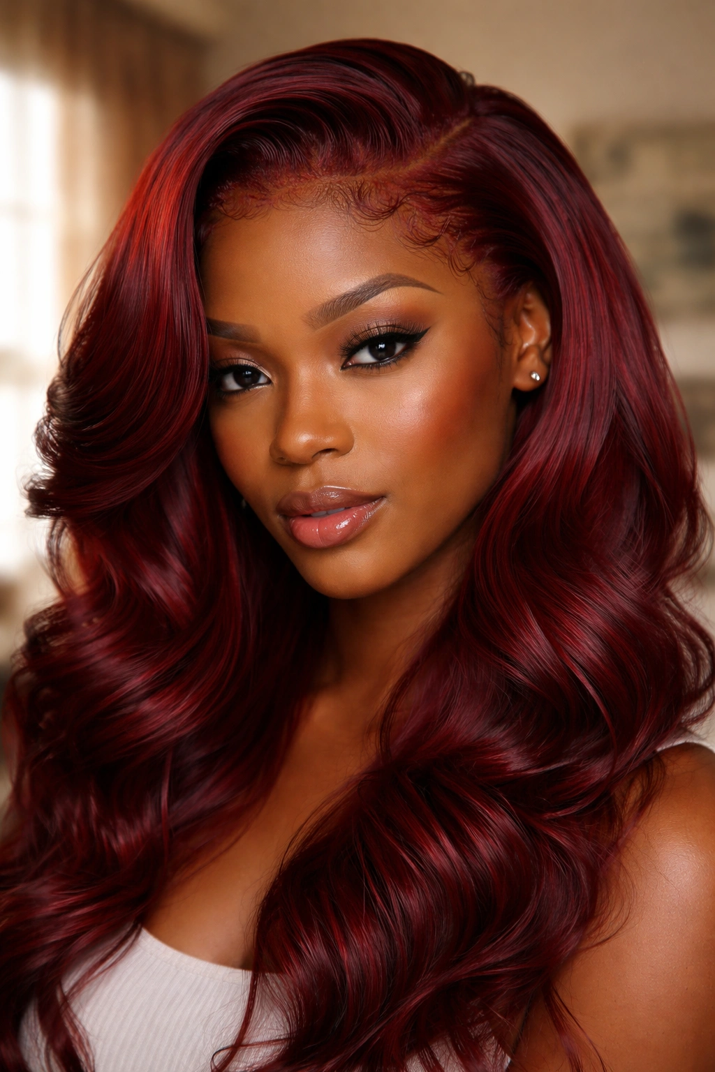 Front view of red silk-pressed hair with baby curl fringe at hairline