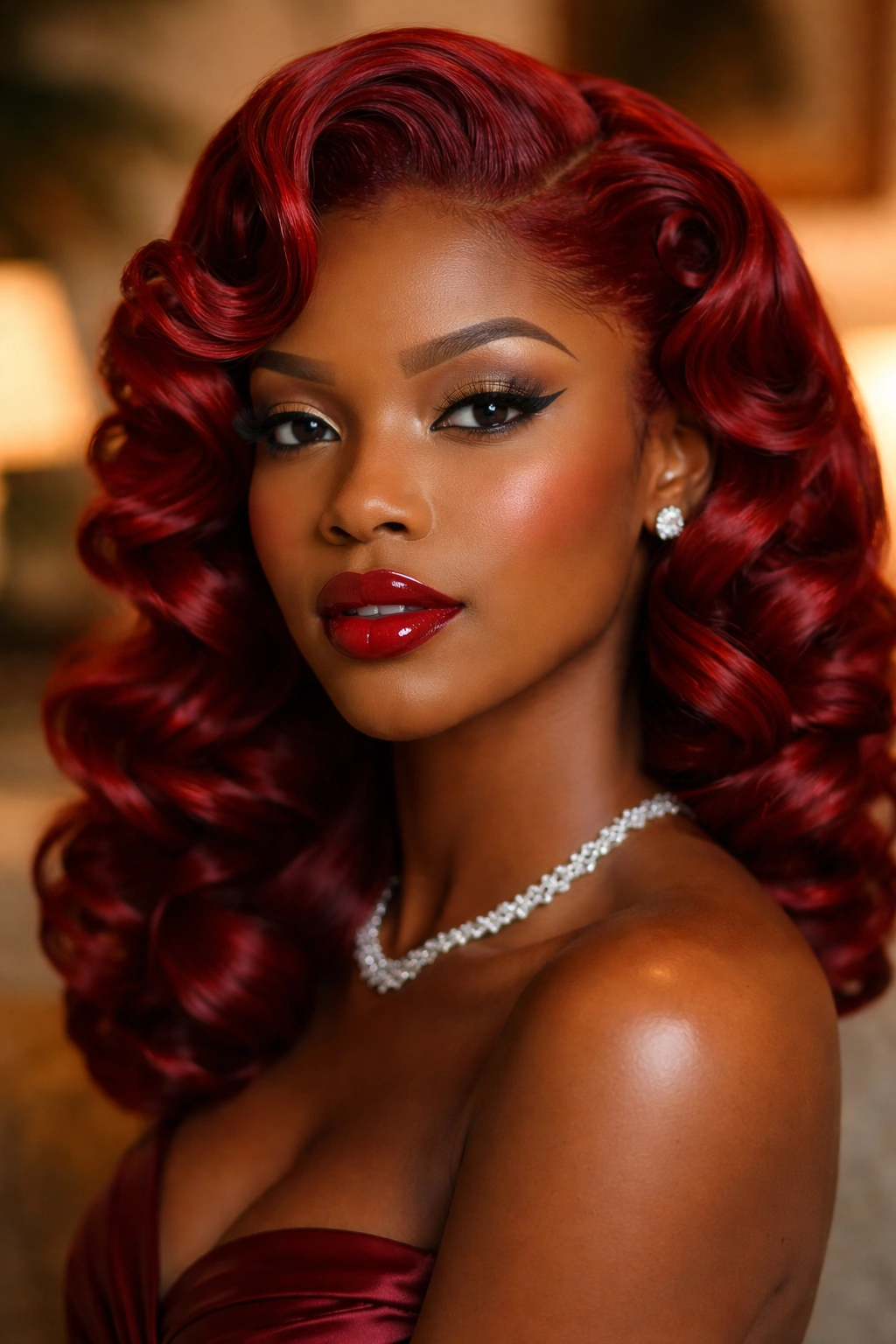 Close-up of red silk-pressed vintage pin curls on a real person