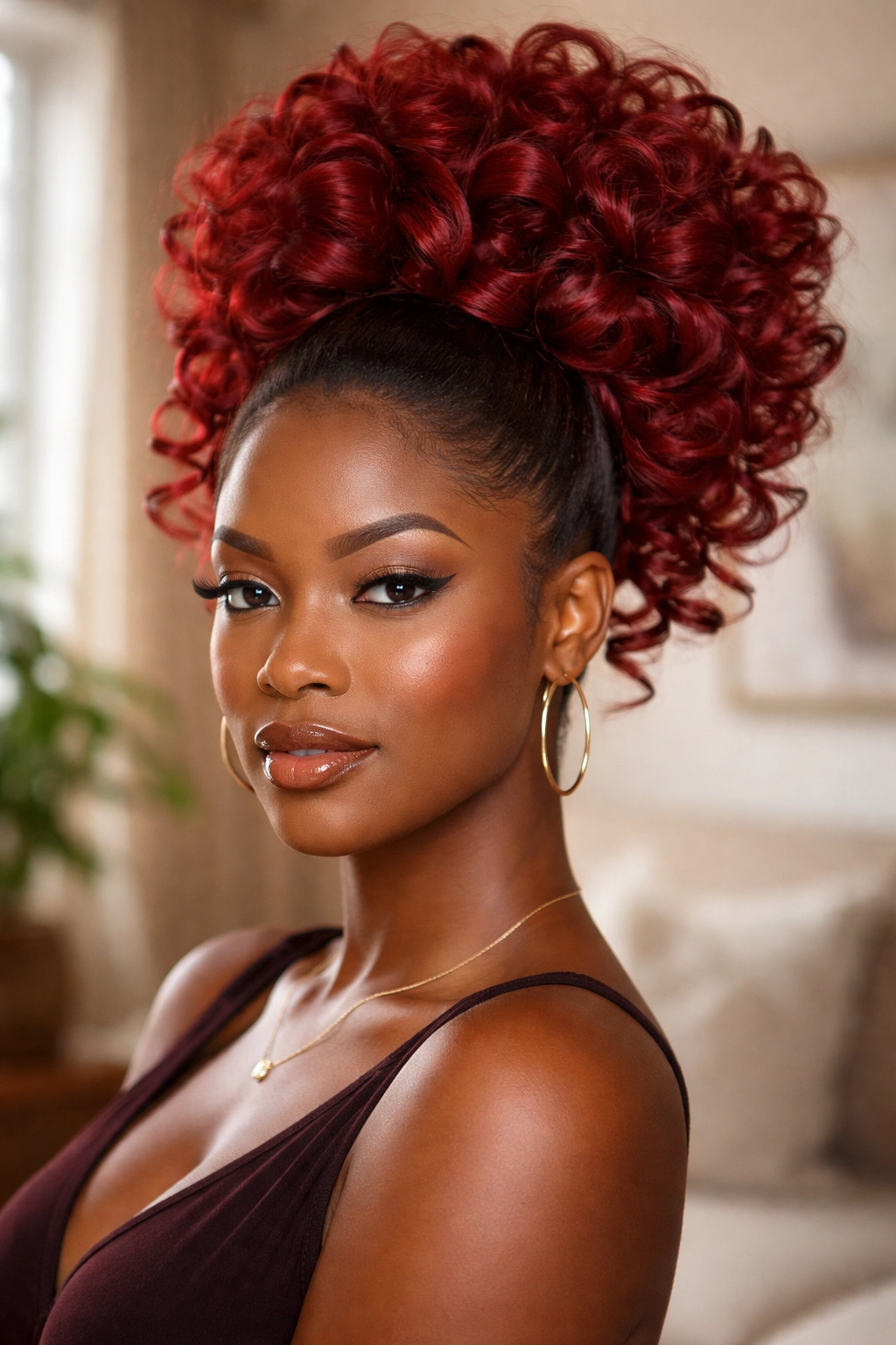 Close-up of a real Black woman's red silk-pressed puff with curled ends