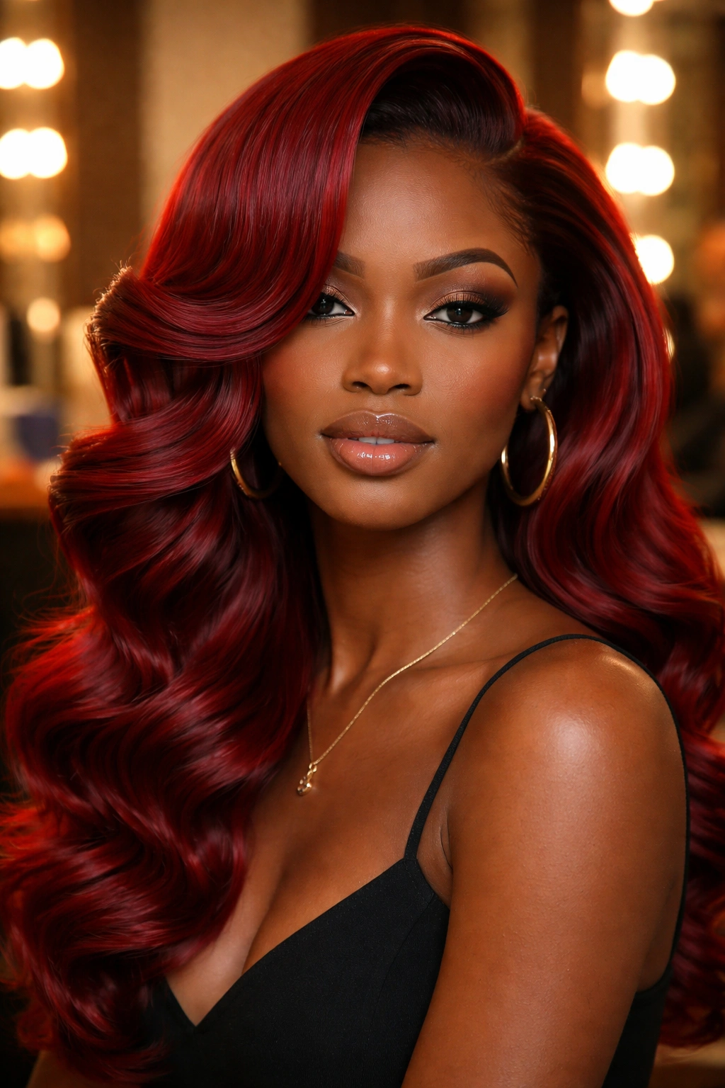 Close-up of a real woman with red silk-pressed hair in roller set waves