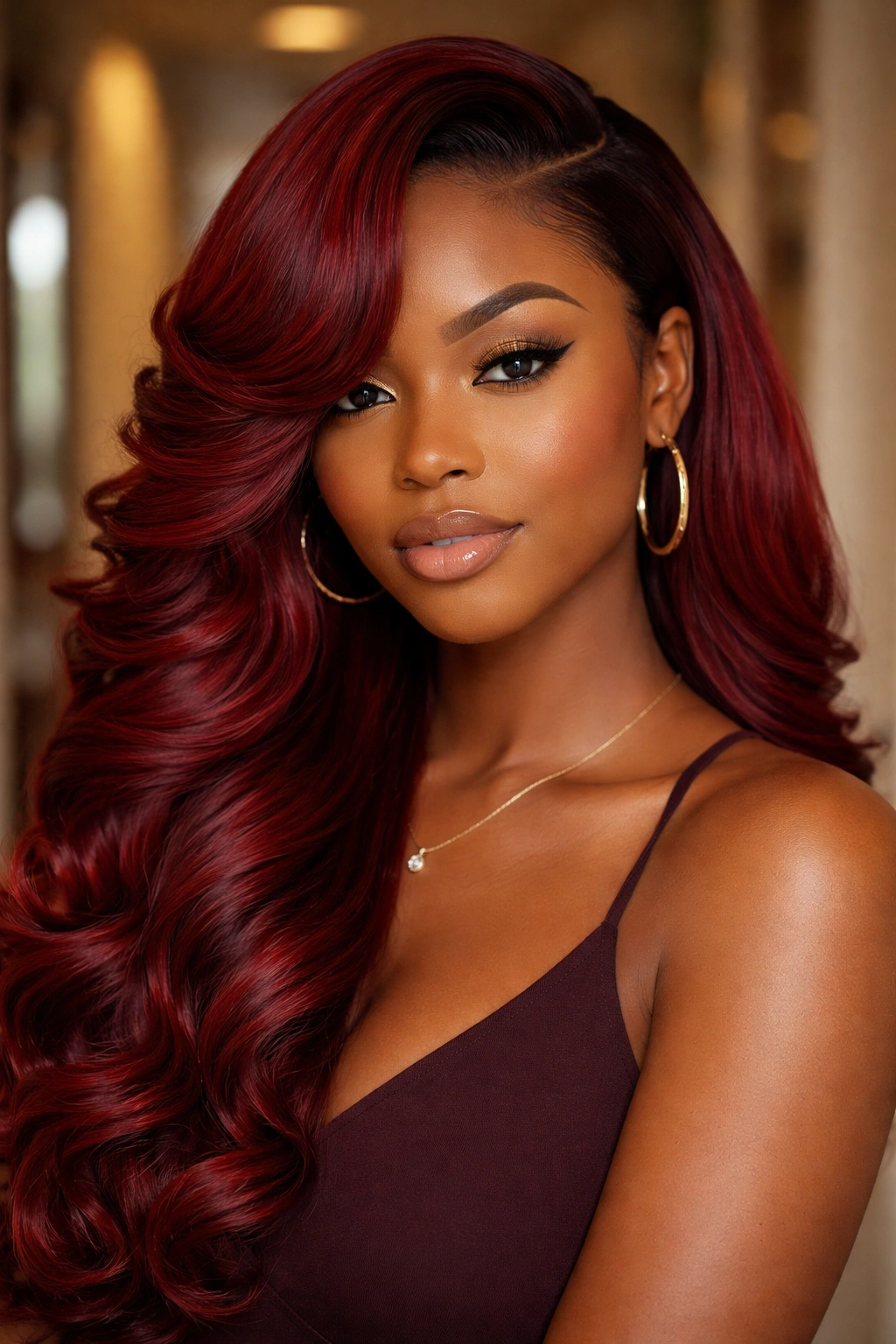 Close-up of a real woman with red silk-pressed hair swept to one side