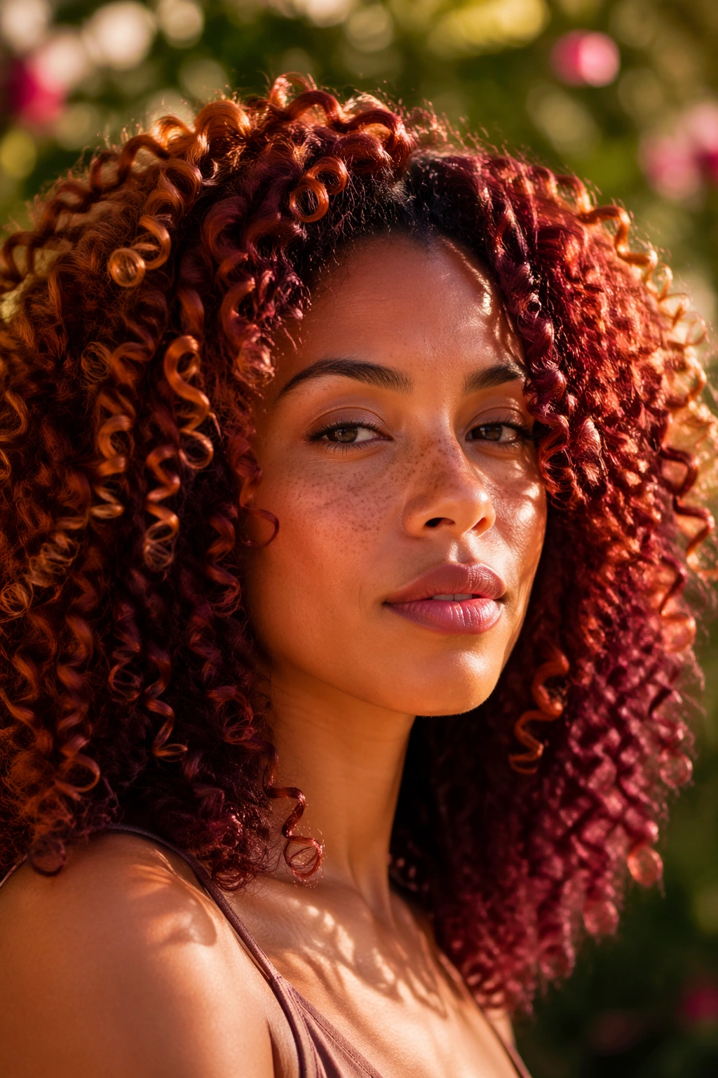 Outdoor close-up of a woman with multi-tone red curls in sunlight