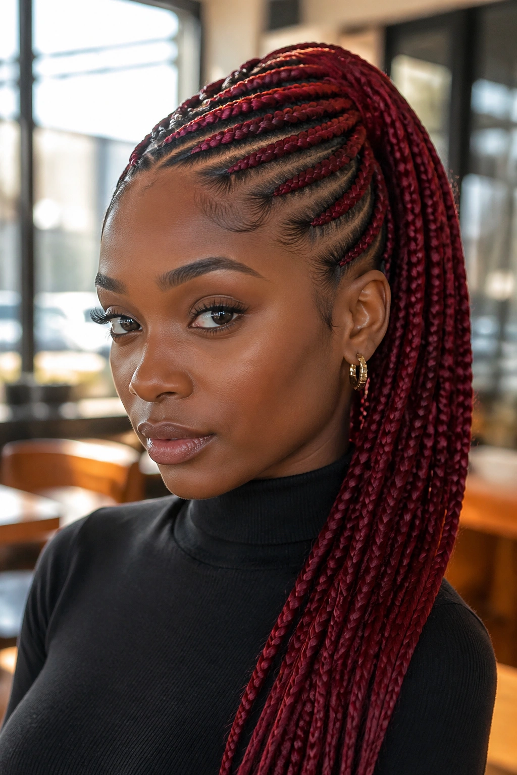 Close-up of a real Black woman wearing a side-swept red stitch braid ponytail.